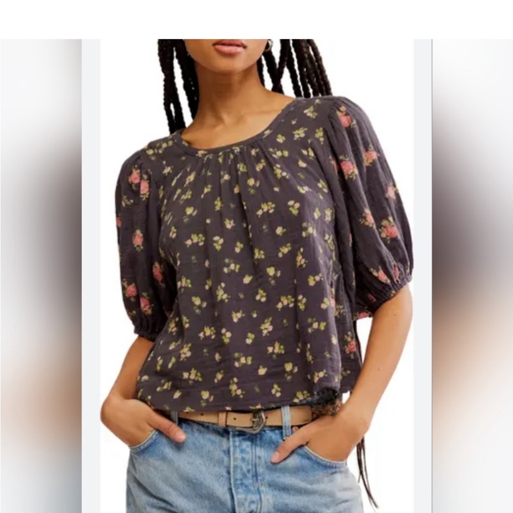 Free People “Chloe” Mixed Print Back Cutout Top.